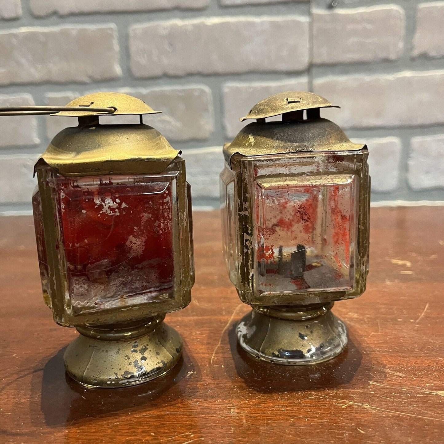 Antique Pair of Solid Glass 4" Candle Holder Lanterns Primitive Carriage Lamps