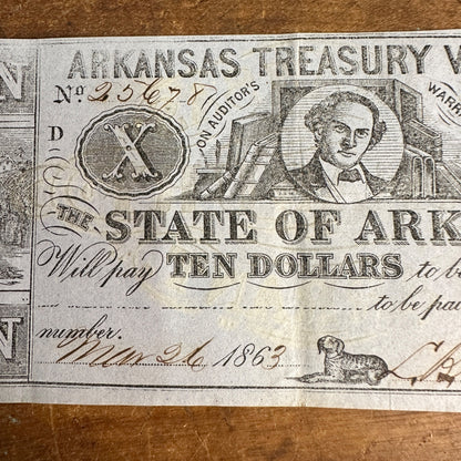 1863  $10 ARKANSAS TREASURY WARRANT CIVIL WAR ERA TEN DOLLARS FINE