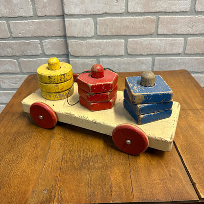 VINTAGE PLAYSKOOL CLASSIC PULL BEHIND TOY - WOODEN WAGON W WOOD SHAPES & DOWELS