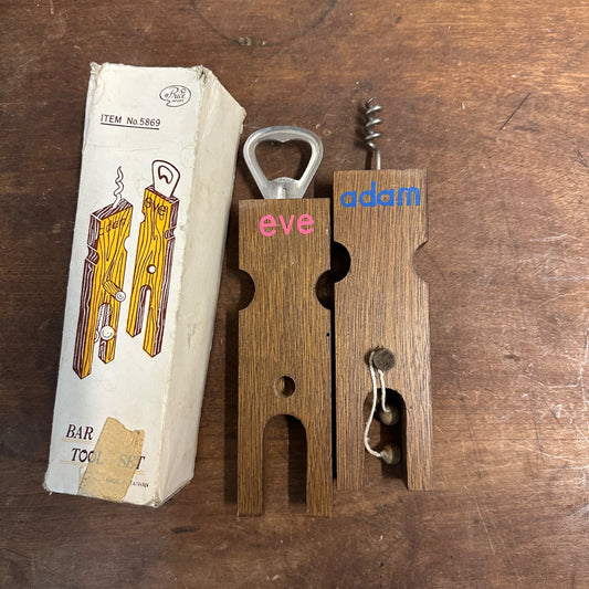 Vintage 1960s Adam & Eve Humorous Novely Bar Tool Set Wooden Openers