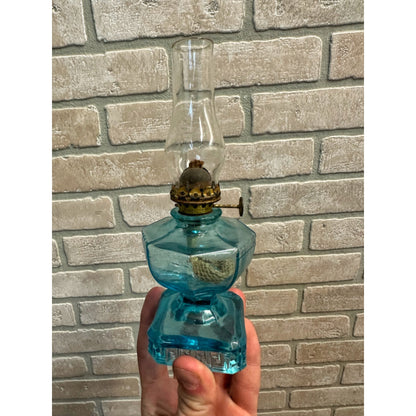 Antique US Glass Co. Blue Greek Key Pattern EAPG Oil Lamp