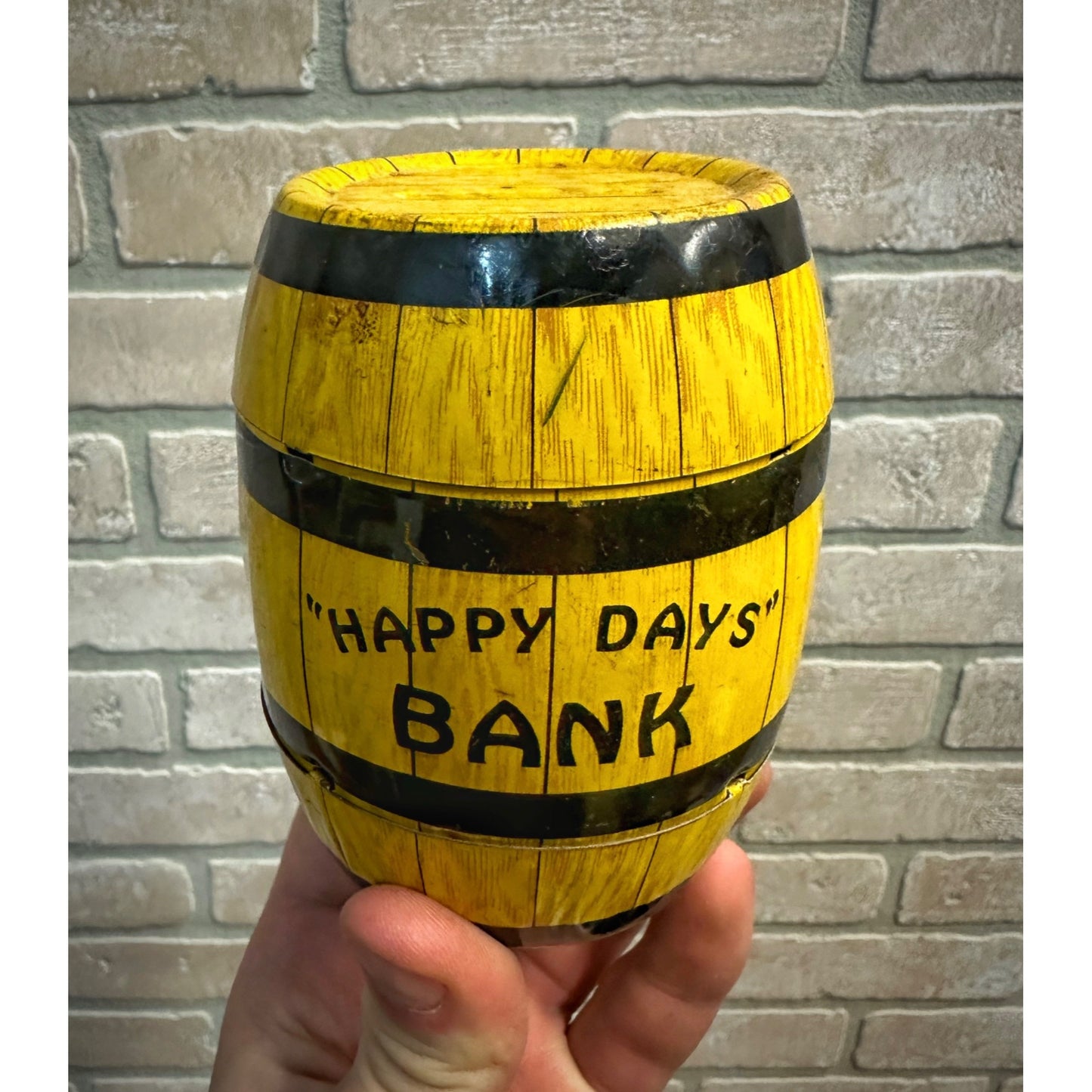 VINTAGE HAPPY DAYS BARREL COIN BANK TIN LITHOGRAPH LITHO J. CHEIN CO USA