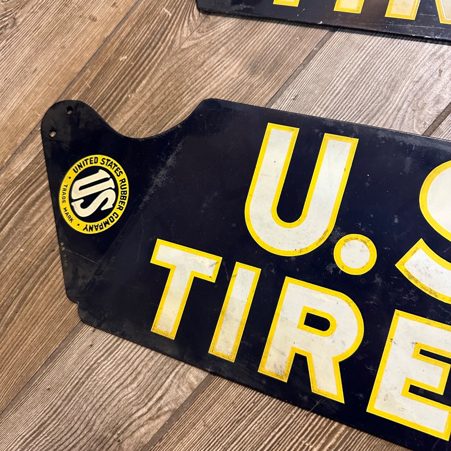 Vintage 1939 United States Rubber Co. US Tires Rack Tin Advertising Signs Pair (2)