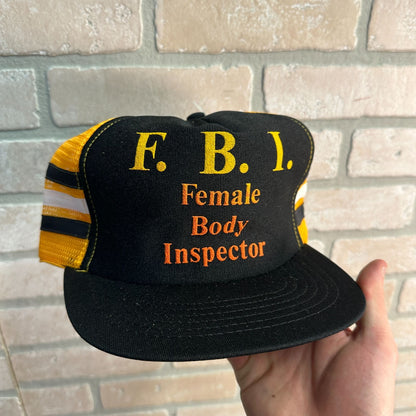 VINTAGE F.B.I. FEMALE BODY INSPECTOR TRUCKER HAT CAP SNAPBACK MESH 3 STRIPES