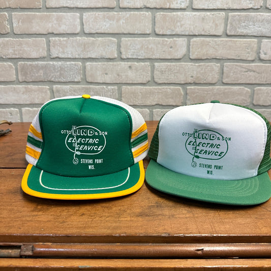 (2) LIND ELECTRIC STEVENS POINT WIS GREEN THREE STRIPE RETRO SNAPBACK HAT