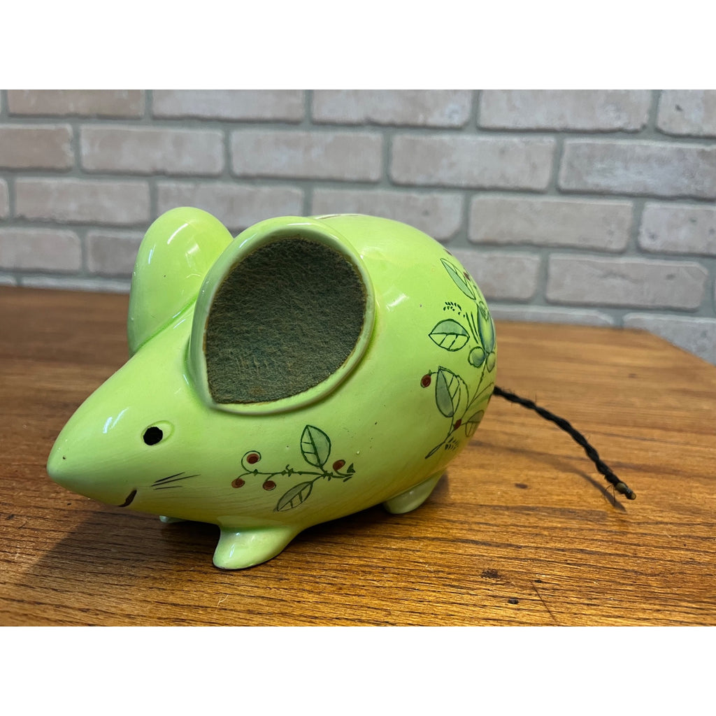 Vintage Glazed Ceramic Green Floral Mouse Or Rat Bank Felted Ears Braided Rope Tail Made in Japan