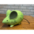 Vintage Glazed Ceramic Green Floral Mouse Or Rat Bank Felted Ears Braided Rope Tail Made in Japan