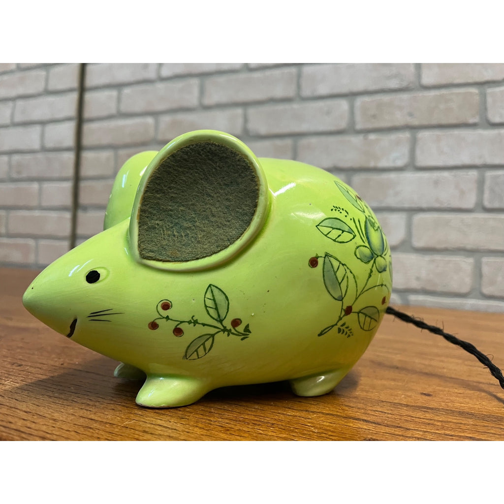 Vintage Glazed Ceramic Green Floral Mouse Or Rat Bank Felted Ears Braided Rope Tail Made in Japan