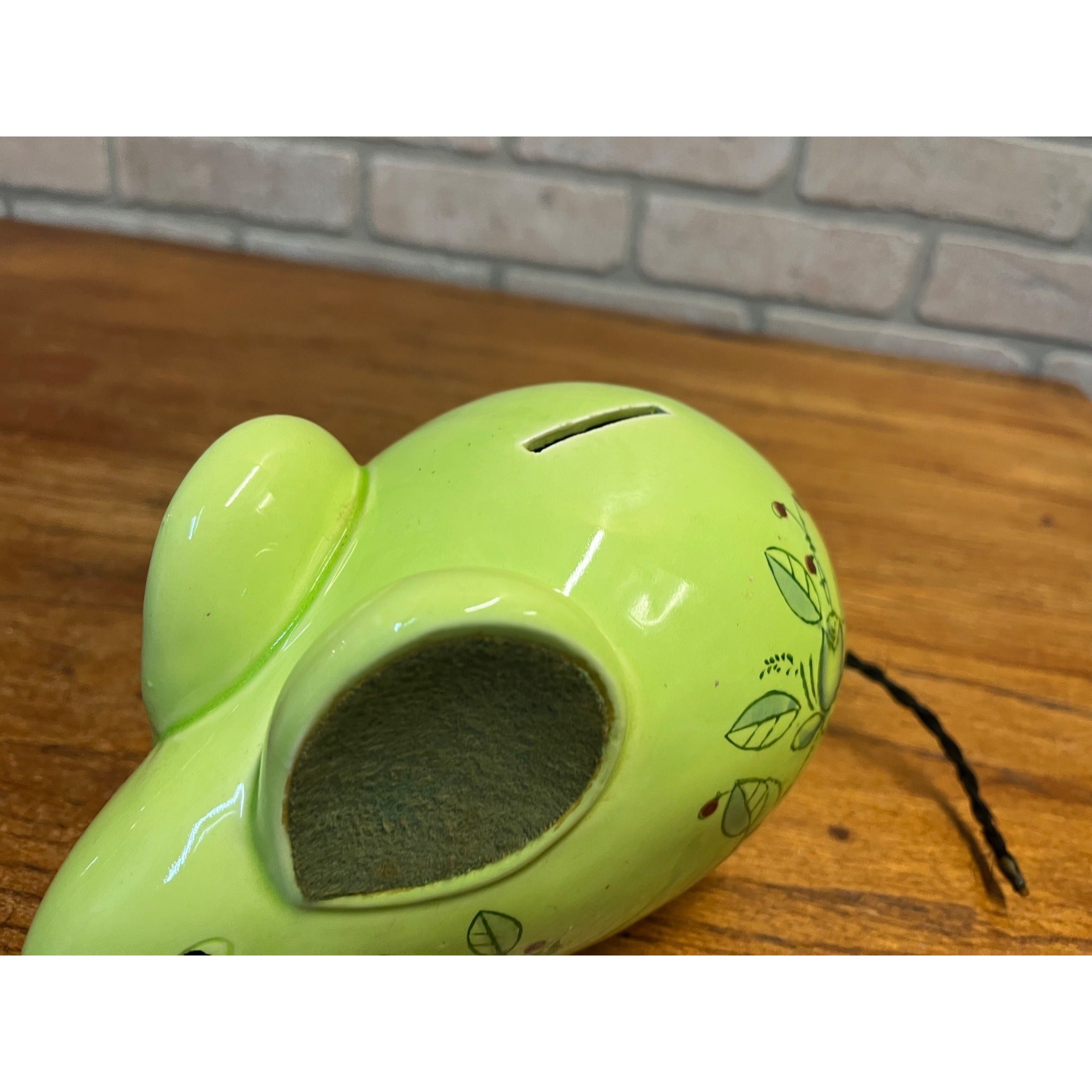 Vintage Glazed Ceramic Green Floral Mouse Or Rat Bank Felted Ears Braided Rope Tail Made in Japan