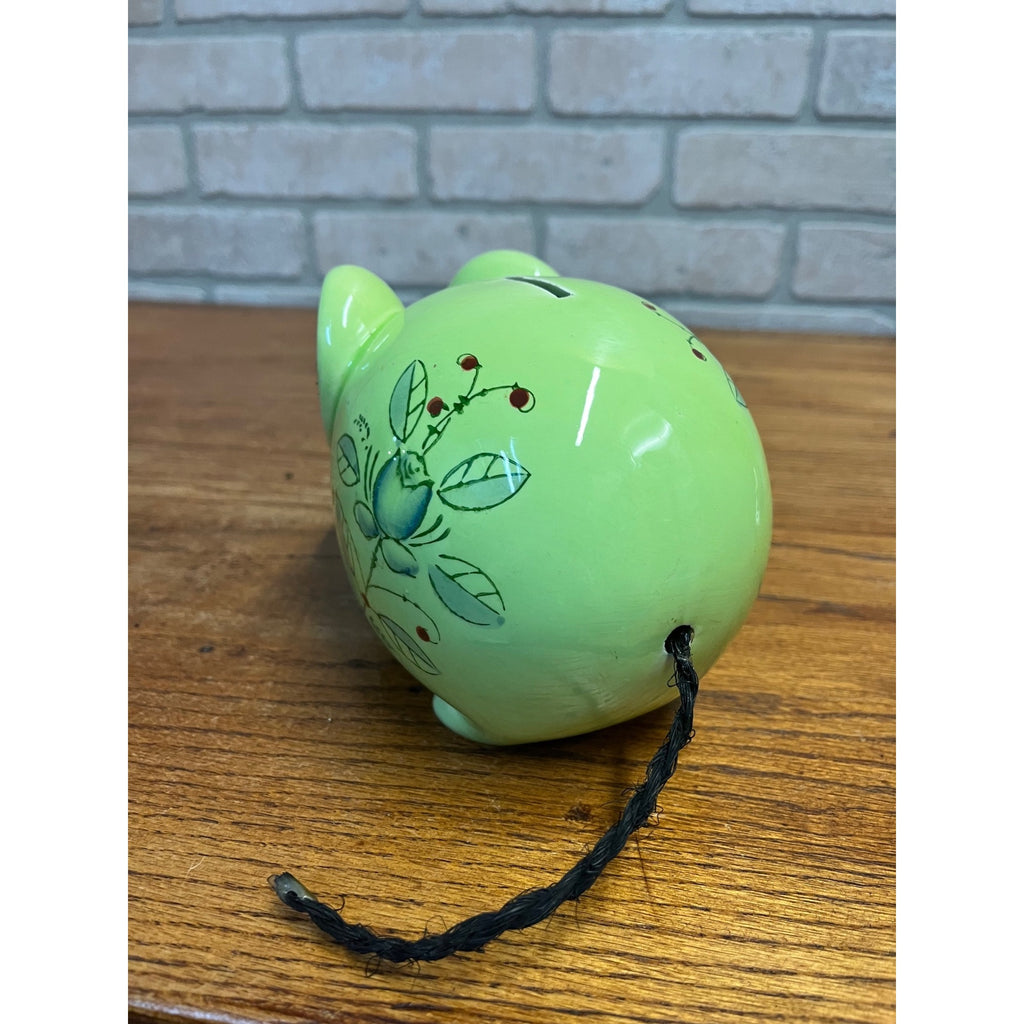 Vintage Glazed Ceramic Green Floral Mouse Or Rat Bank Felted Ears Braided Rope Tail Made in Japan