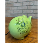 Vintage Glazed Ceramic Green Floral Mouse Or Rat Bank Felted Ears Braided Rope Tail Made in Japan