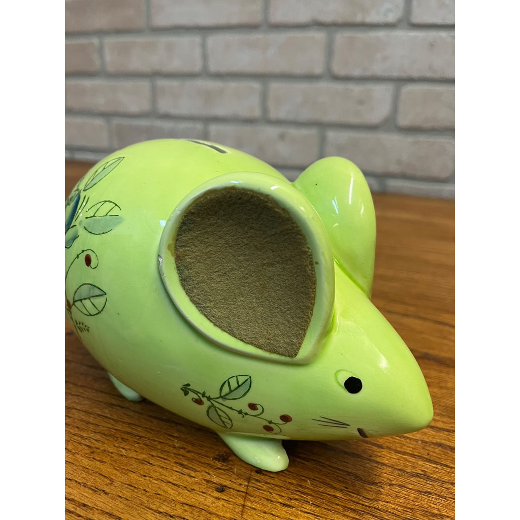Vintage Glazed Ceramic Green Floral Mouse Or Rat Bank Felted Ears Braided Rope Tail Made in Japan