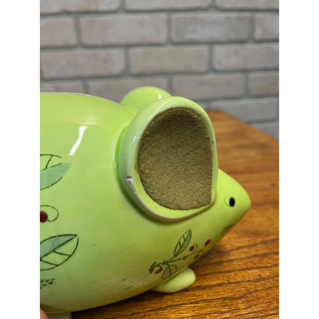 Vintage Glazed Ceramic Green Floral Mouse Or Rat Bank Felted Ears Braided Rope Tail Made in Japan