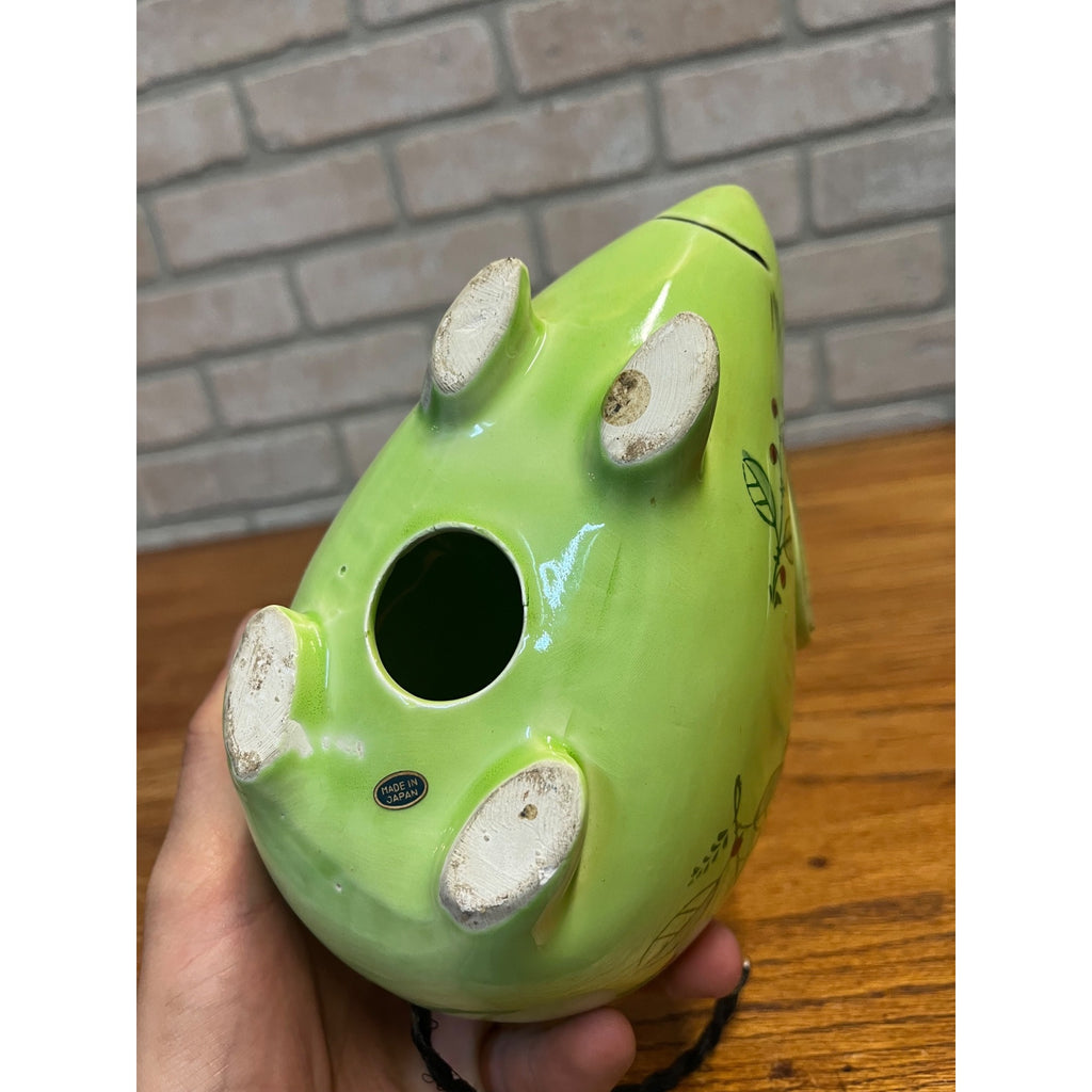 Vintage Glazed Ceramic Green Floral Mouse Or Rat Bank Felted Ears Braided Rope Tail Made in Japan