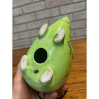 Vintage Glazed Ceramic Green Floral Mouse Or Rat Bank Felted Ears Braided Rope Tail Made in Japan