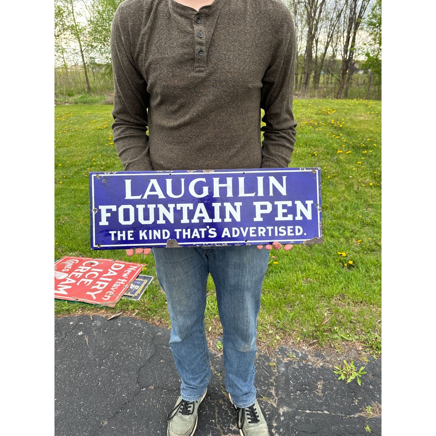 RARE Vintage 1920s Laughlin Fountain Pen Porcelain Advertising Sign