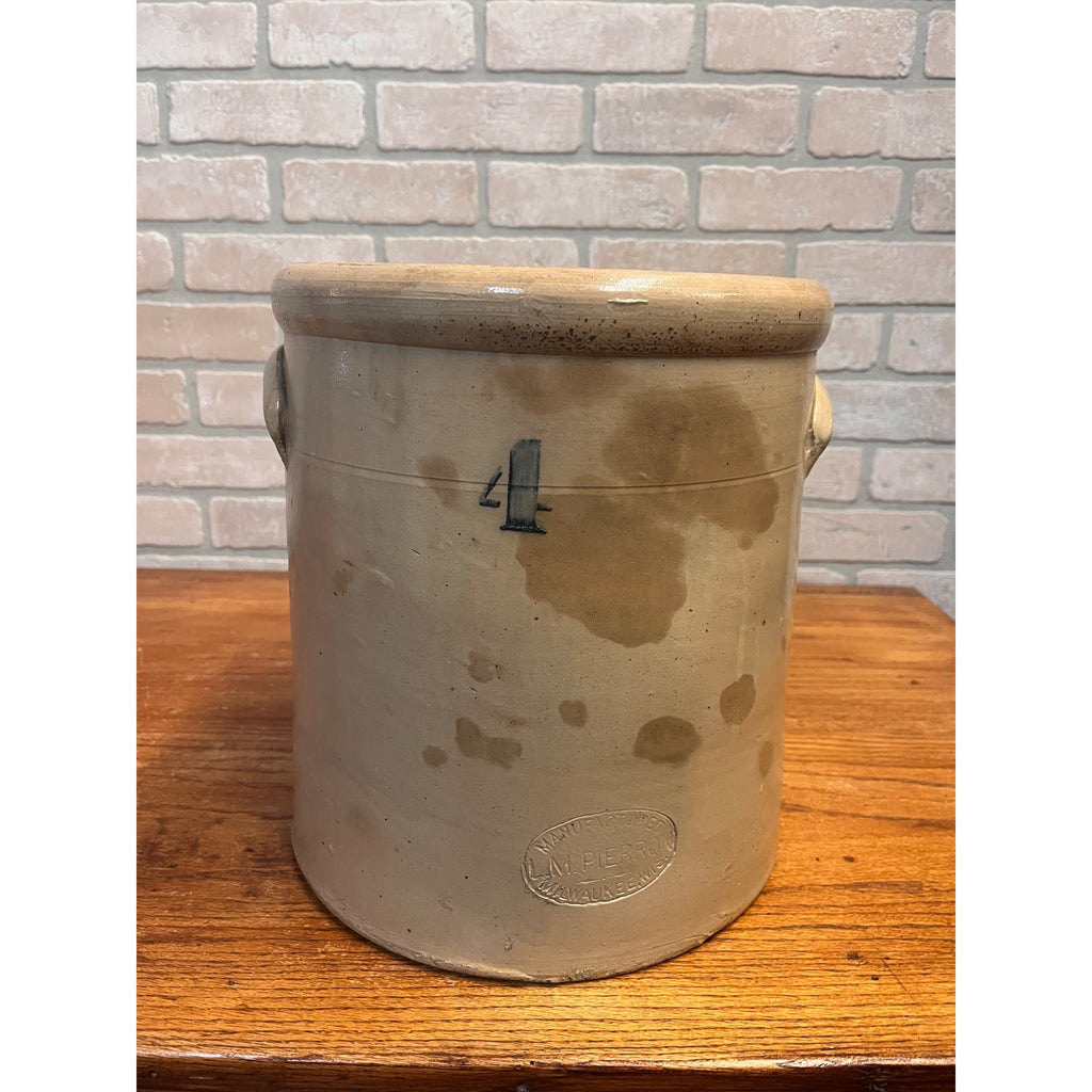 L.M. Pierron Milwaukee Stoneware 4 Gallon Crock Salt Glazed Cobalt Wisconsin