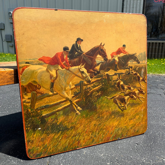 Vintage Oskar Merte 1928 Parlor Table Top Artwork Fox Hunting Dogs Horses Esquitarian