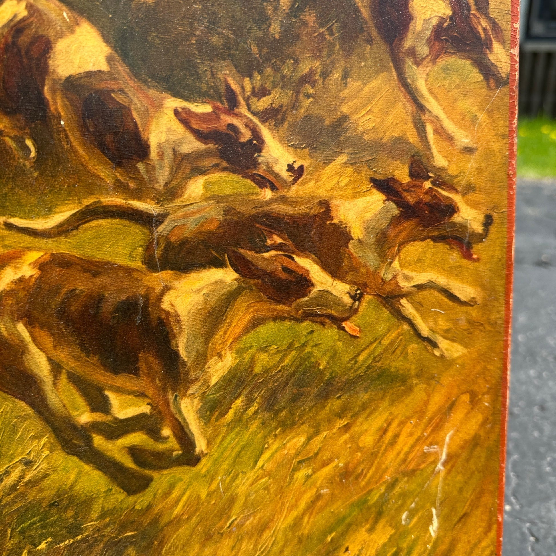 Vintage Oskar Merte 1928 Parlor Table Top Artwork Fox Hunting Dogs Horses Esquitarian