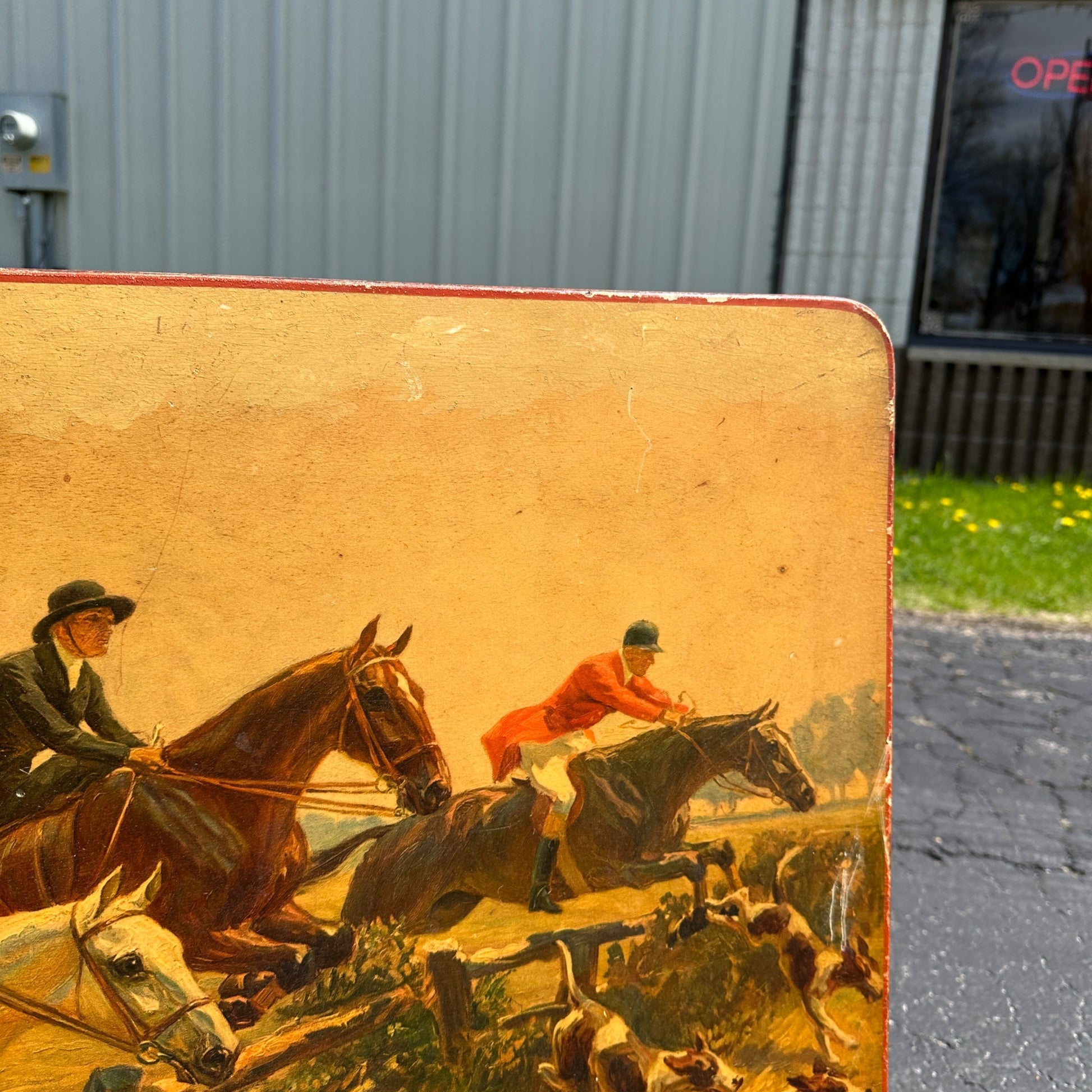 Vintage Oskar Merte 1928 Parlor Table Top Artwork Fox Hunting Dogs Horses Esquitarian