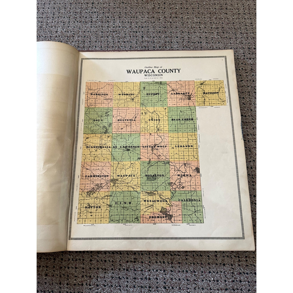 1912 Waupaca County Wisconin Plat Map History Book large Complete