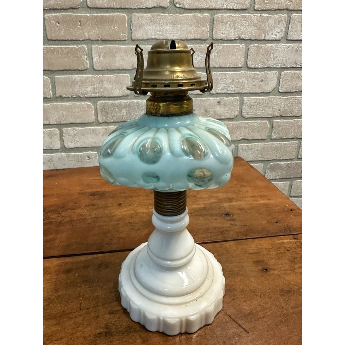 Antique Hobbs Dot Blue Opalescent Art Glass EAPG Oil Lamp Milk Glass