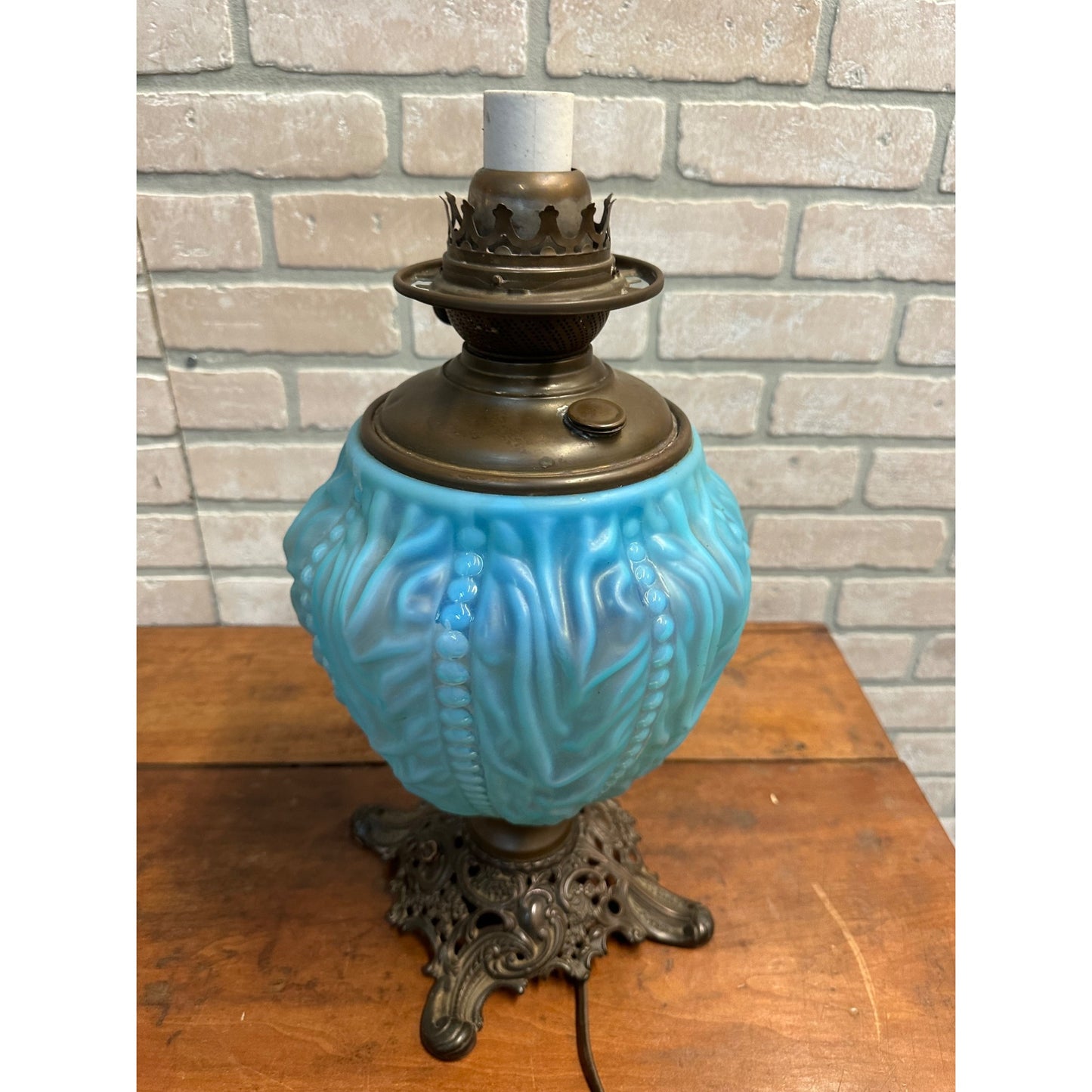 Antique Pittsburgh Lamp Co. Blue Satin Beaded Drape GWTW Oil Lamp Electrified