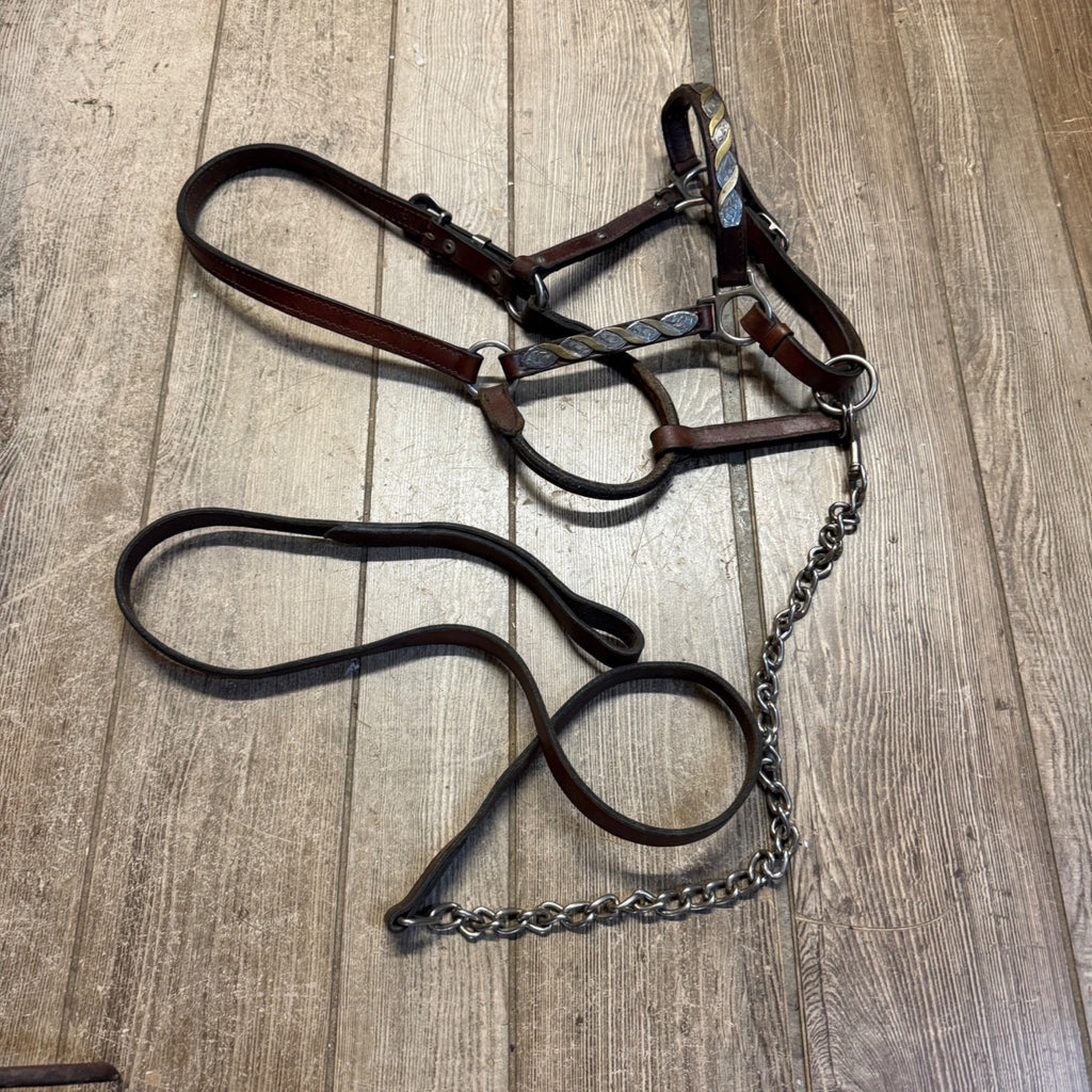 Vintage Western Horse Show Halter Silver Mounted Leather Lead Chain Tack Ferrule  Cob