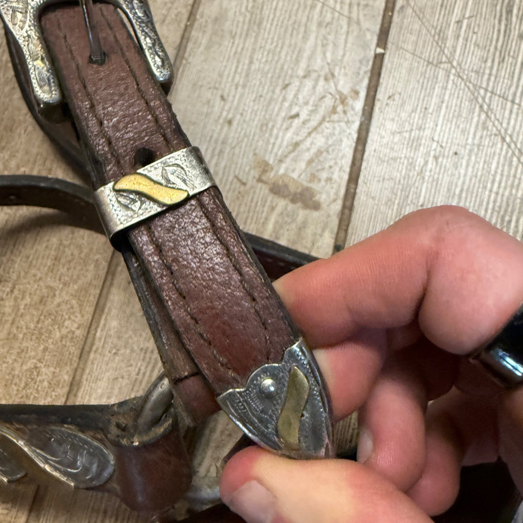 Vintage Western Horse Show Halter Silver Mounted Leather Lead Chain Tack Ferrule  Cob