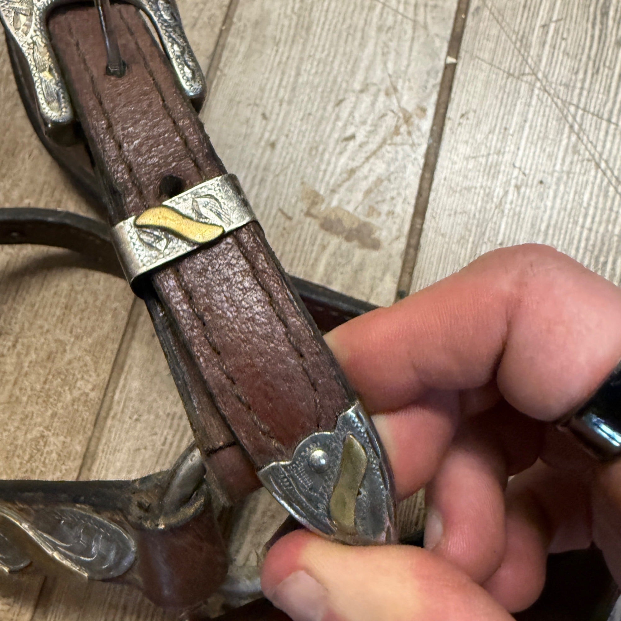 Vintage Western Horse Show Halter Silver Mounted Leather Lead Chain Tack Ferrule  Cob