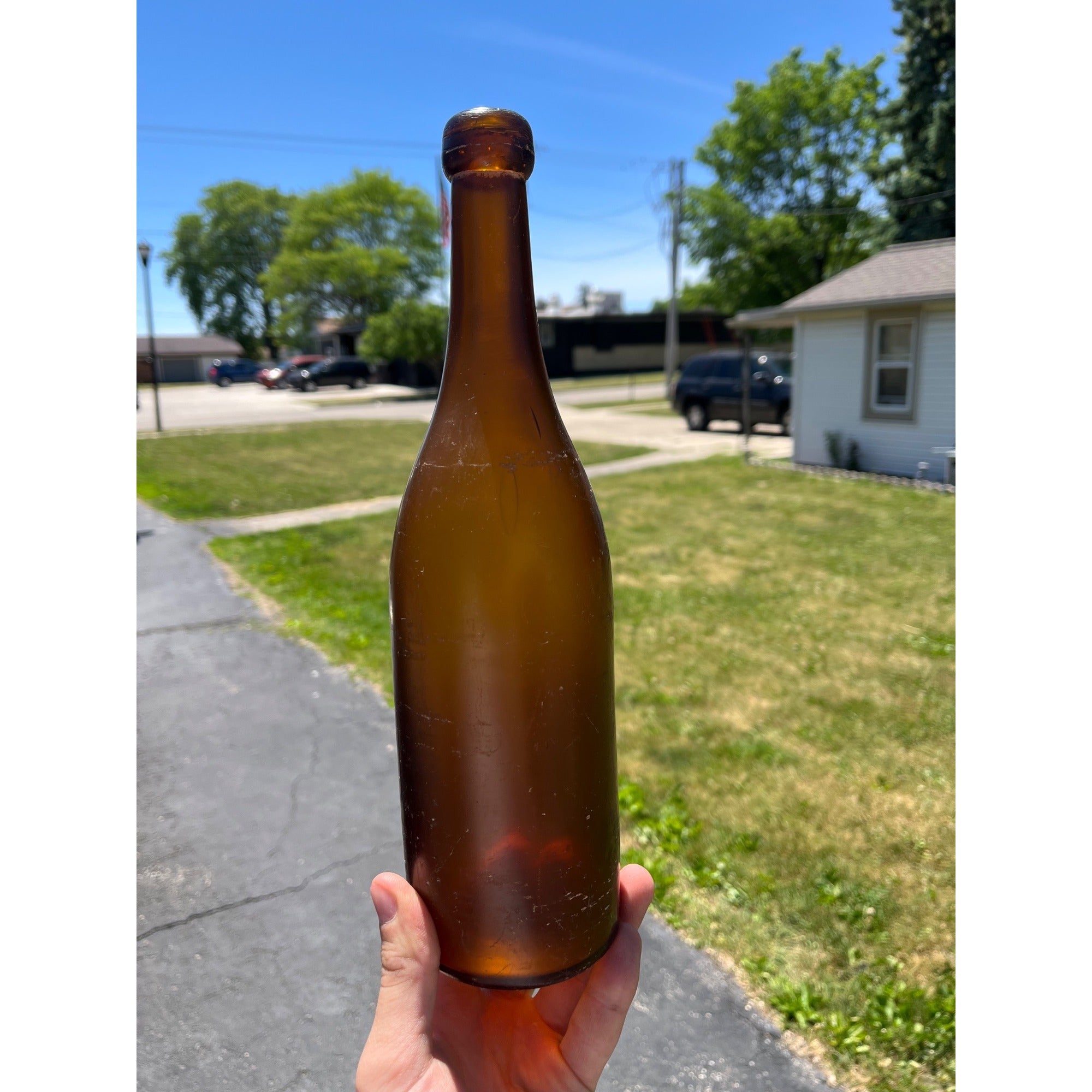 Antique 1870s Crude Honey Amber Glass Blob Beer Bottle Applied Top Quart