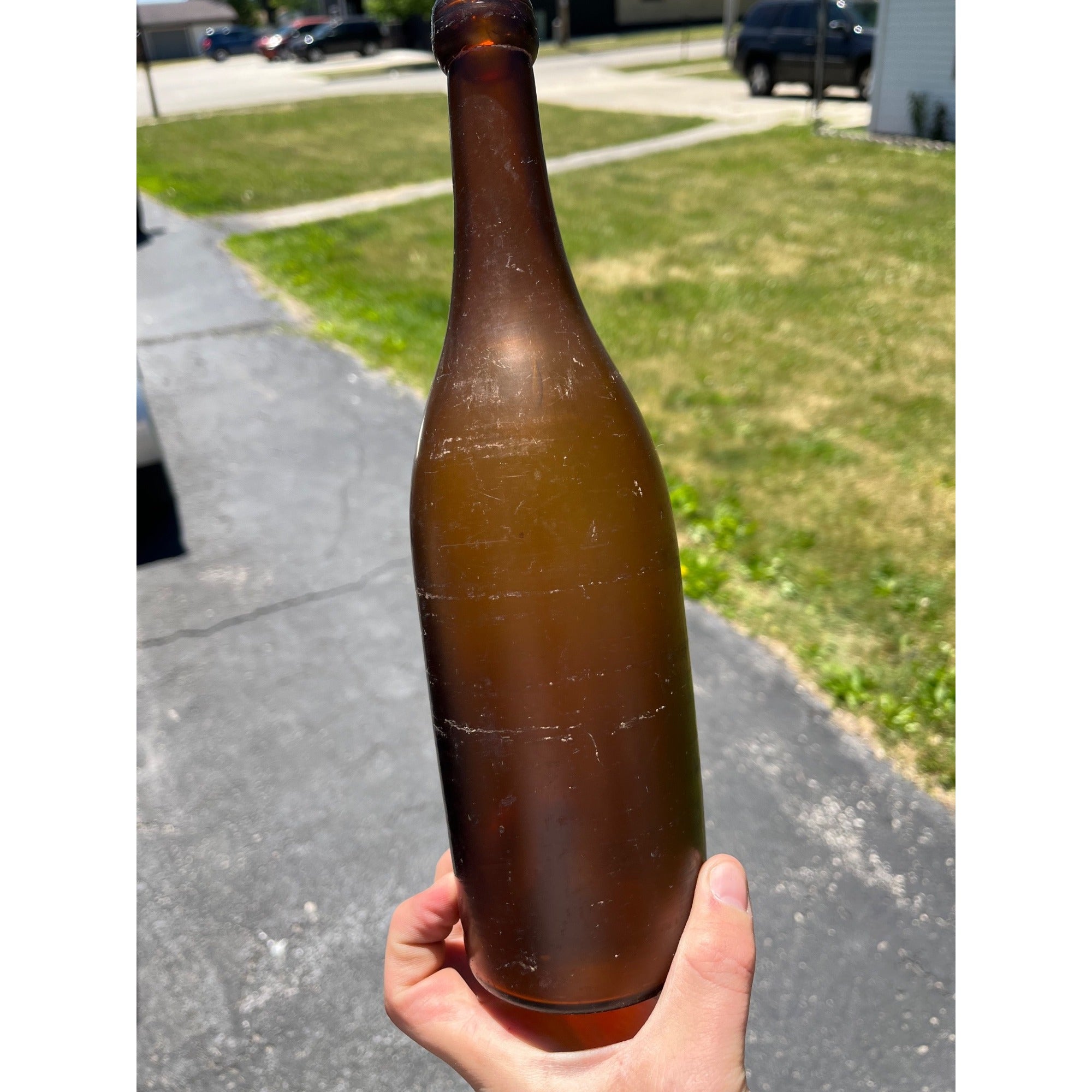 Antique 1870s Crude Honey Amber Glass Blob Beer Bottle Applied Top Quart