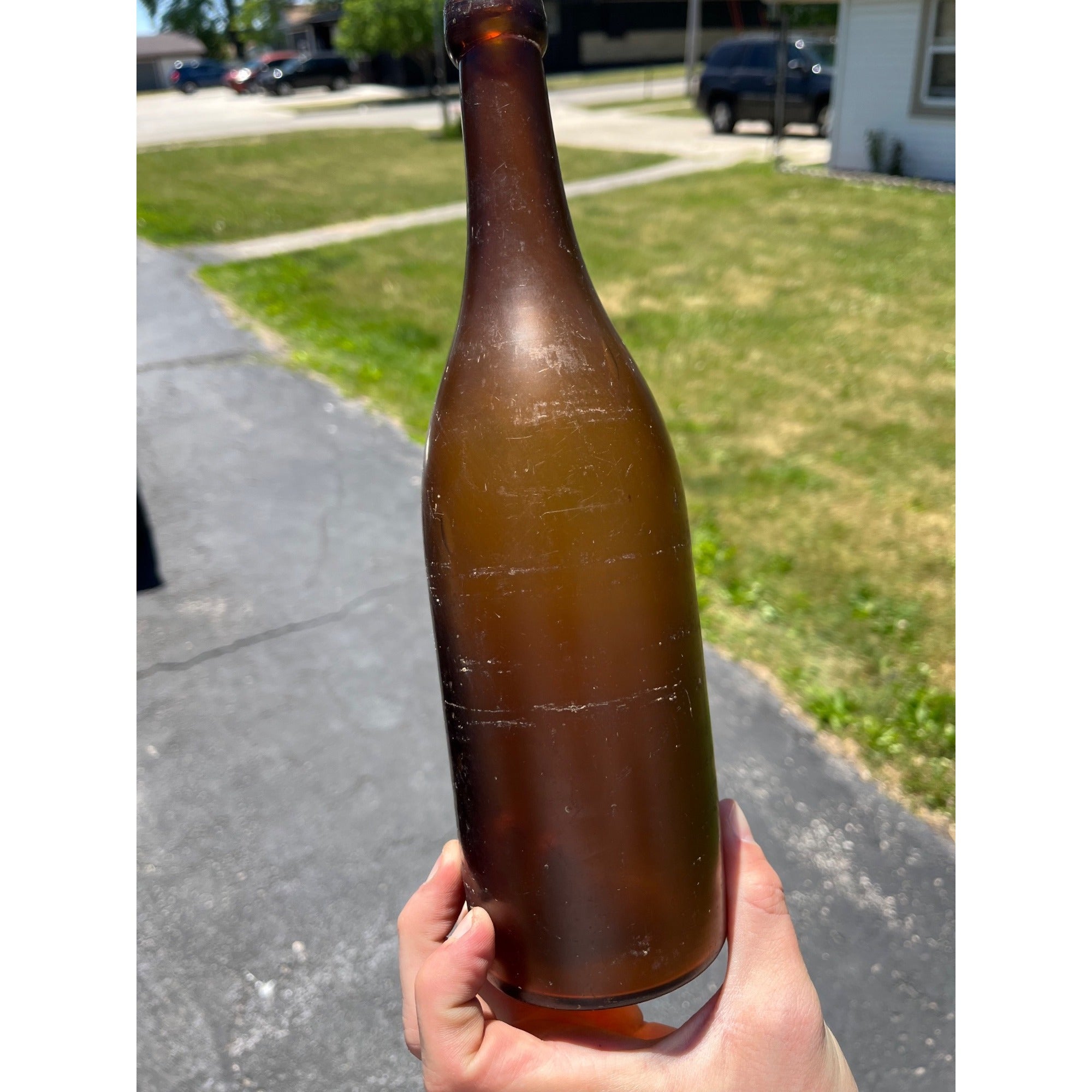 Antique 1870s Crude Honey Amber Glass Blob Beer Bottle Applied Top Quart
