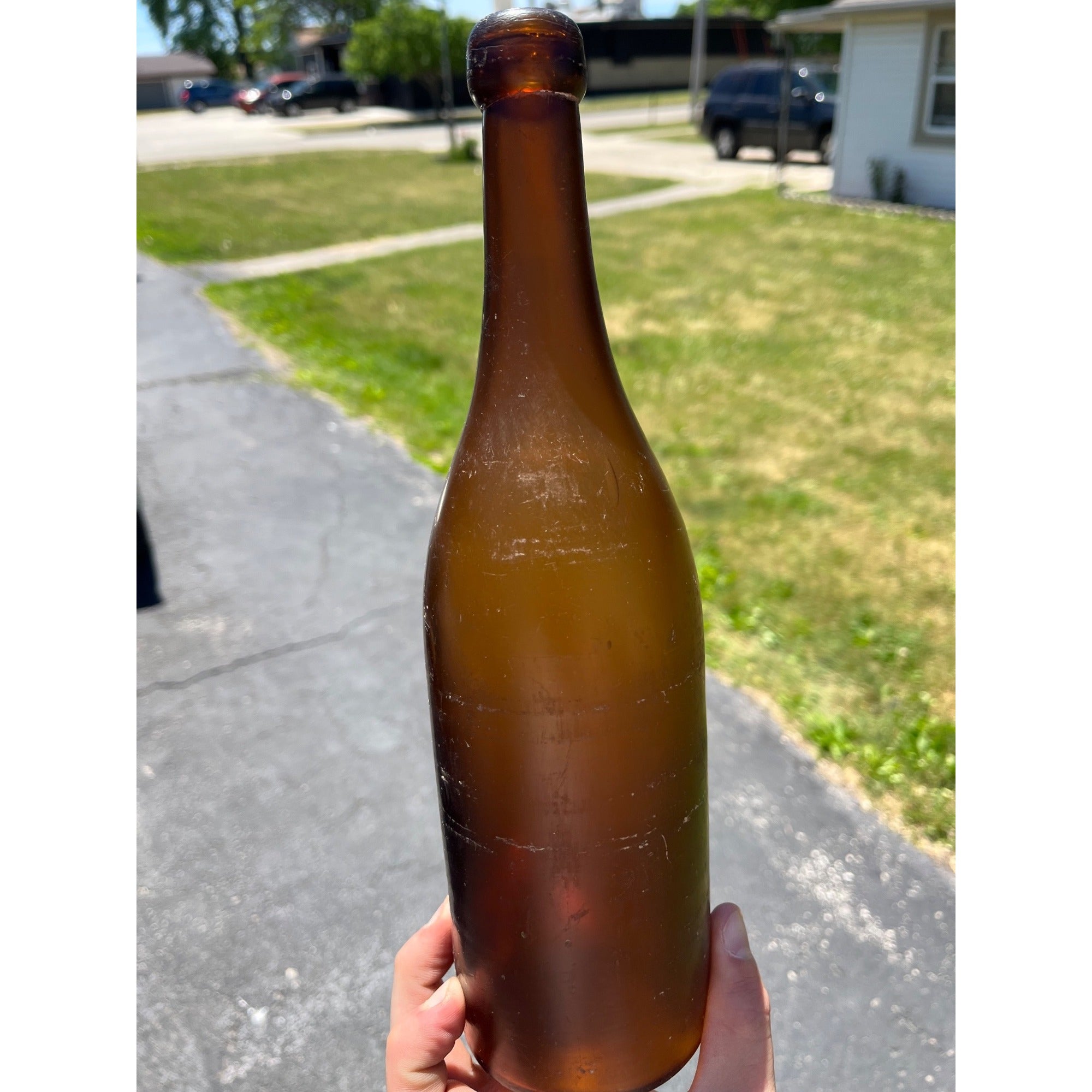 Antique 1870s Crude Honey Amber Glass Blob Beer Bottle Applied Top Quart