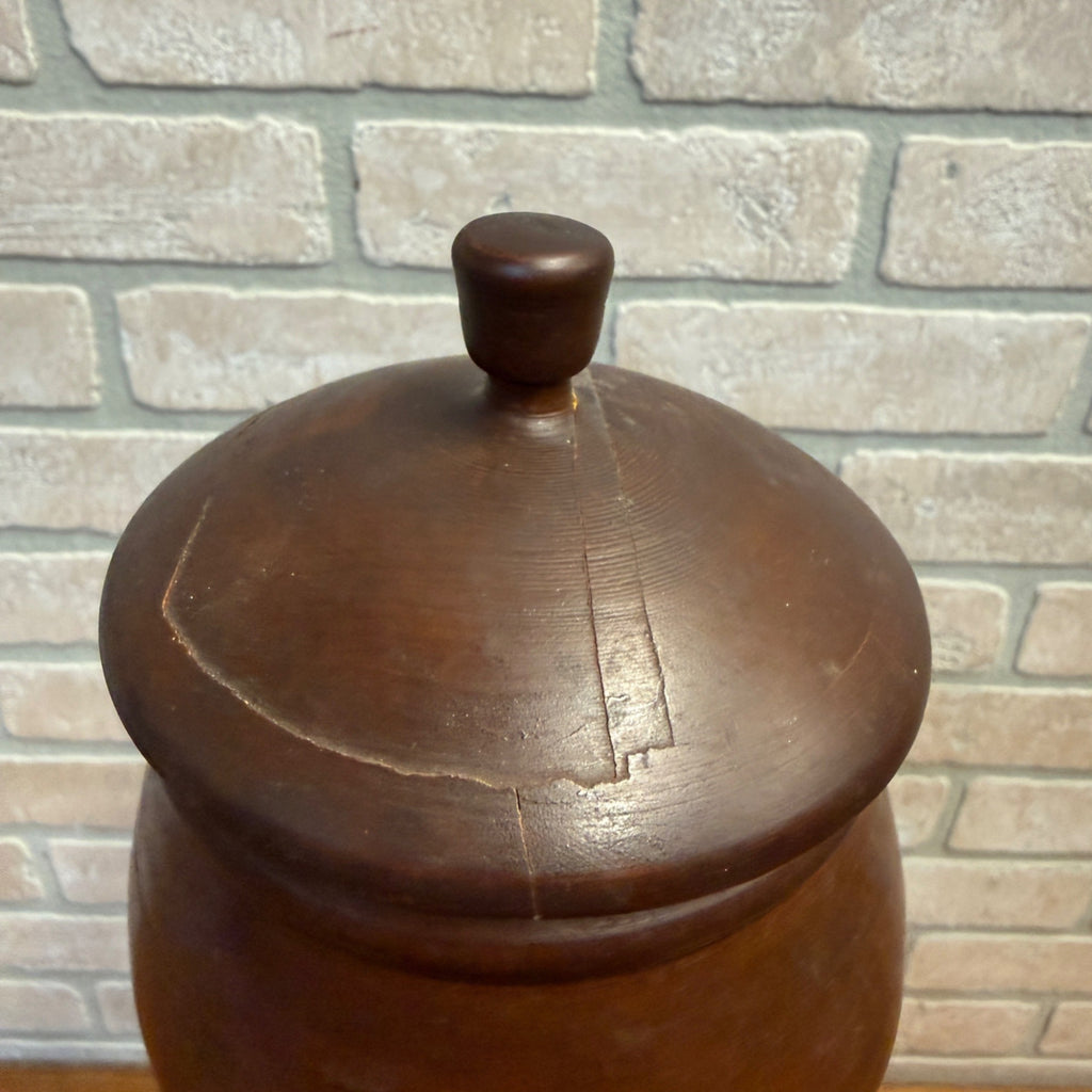 Antique Primitive 19th c. Turned Wood Peaseware Sugar Bowl Lidded Jar Farmhouse