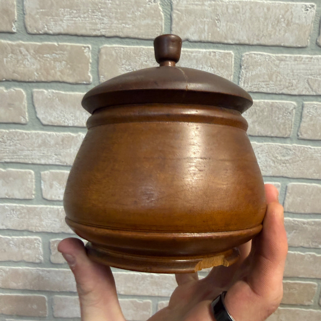 Antique Primitive 19th c. Turned Wood Peaseware Sugar Bowl Lidded Jar Farmhouse