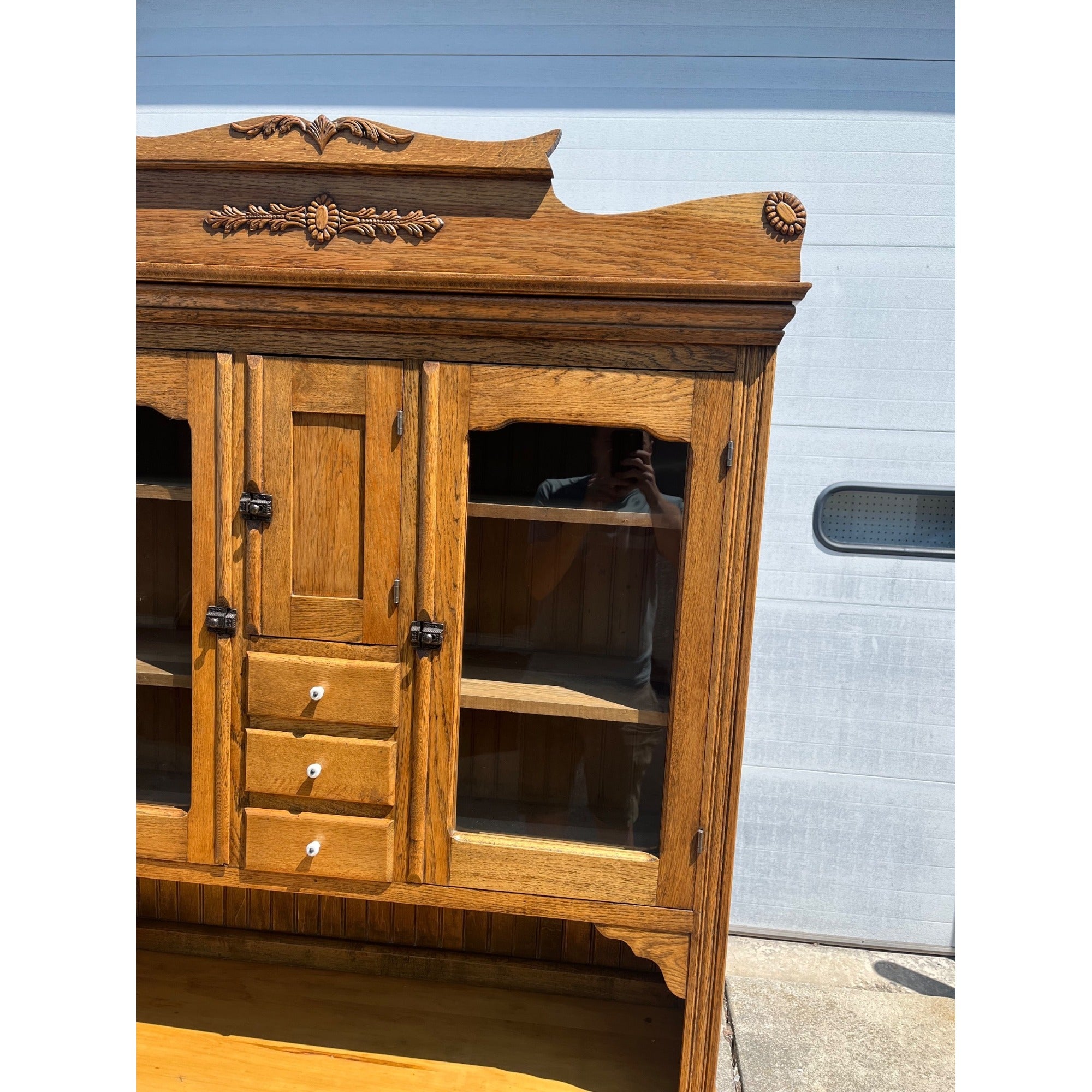Antique Oak Kitchen Cabinet Hoosier Cabinet McNown Possum Belly Pantry Baker's Cupboard