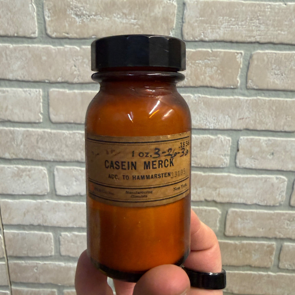 Vintage Merck Casein Apothecary Drug Pharmacy Bottle W/ Label Amber