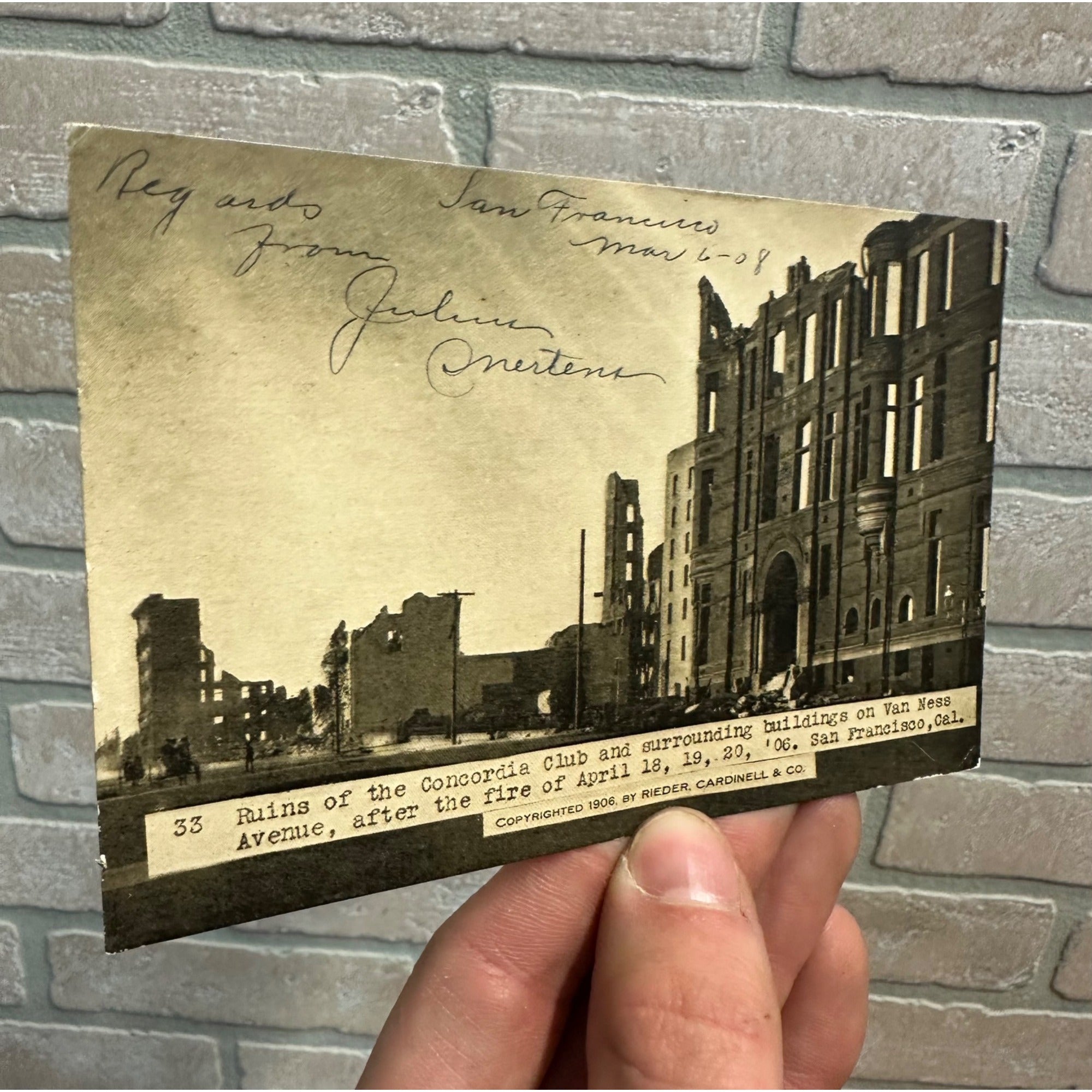 1906 San Francisco CA Earthquake Concordia Club Ruins Vintage Disaster Postcard