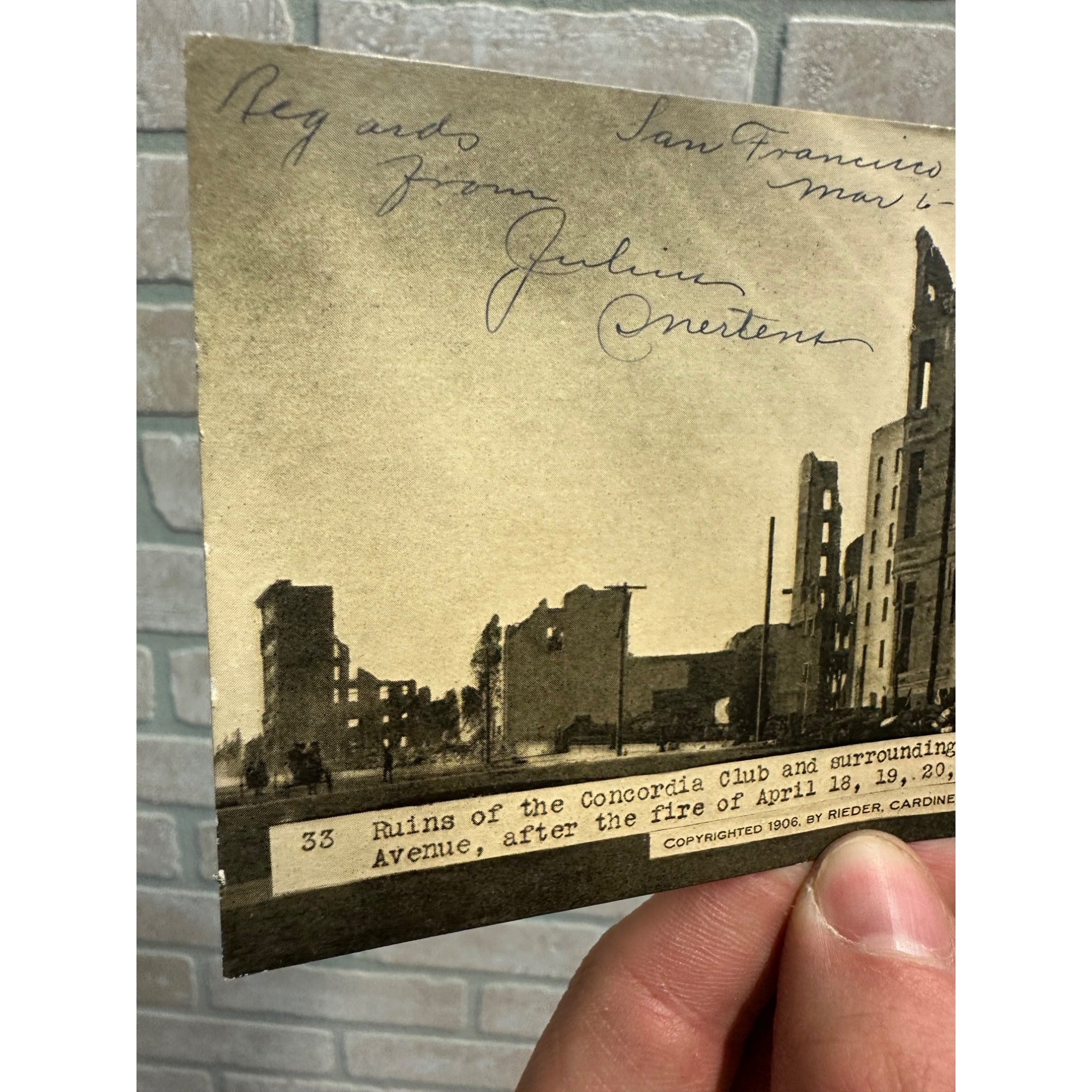 1906 San Francisco CA Earthquake Concordia Club Ruins Vintage Disaster Postcard
