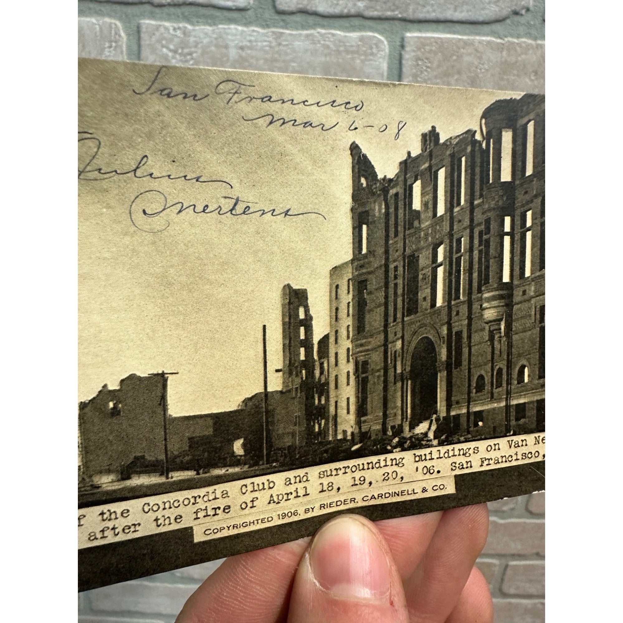 1906 San Francisco CA Earthquake Concordia Club Ruins Vintage Disaster Postcard