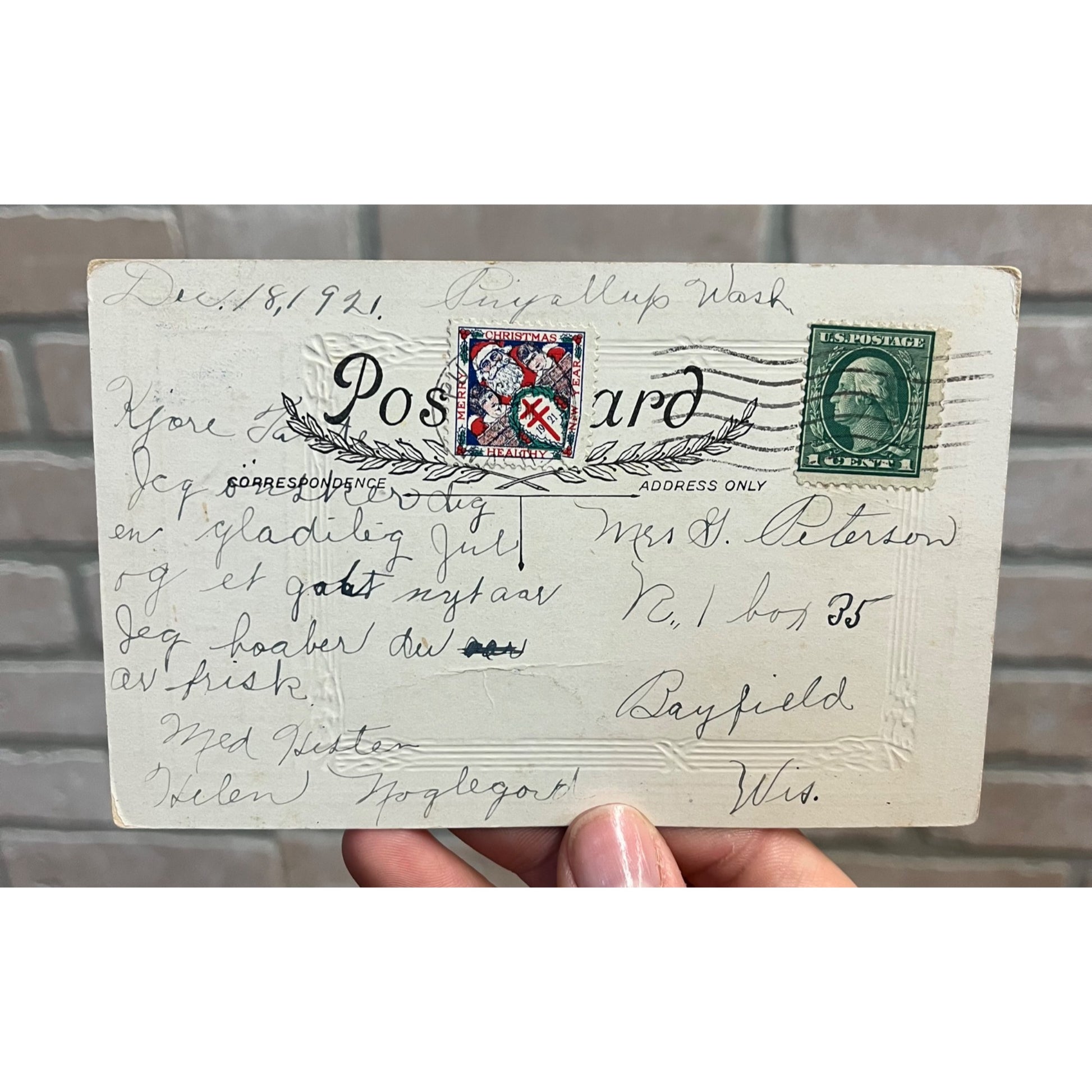 Vintage 1921 Christmas Religious Norwegian Postcard w/ Christmas Seal Tied US American Red Cross