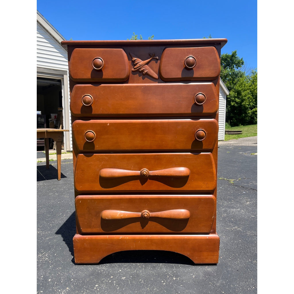 Vintage 1940s Maple Highboy Dresser Chest Of Drawers Relief WWII Bomber Plane Virginia House