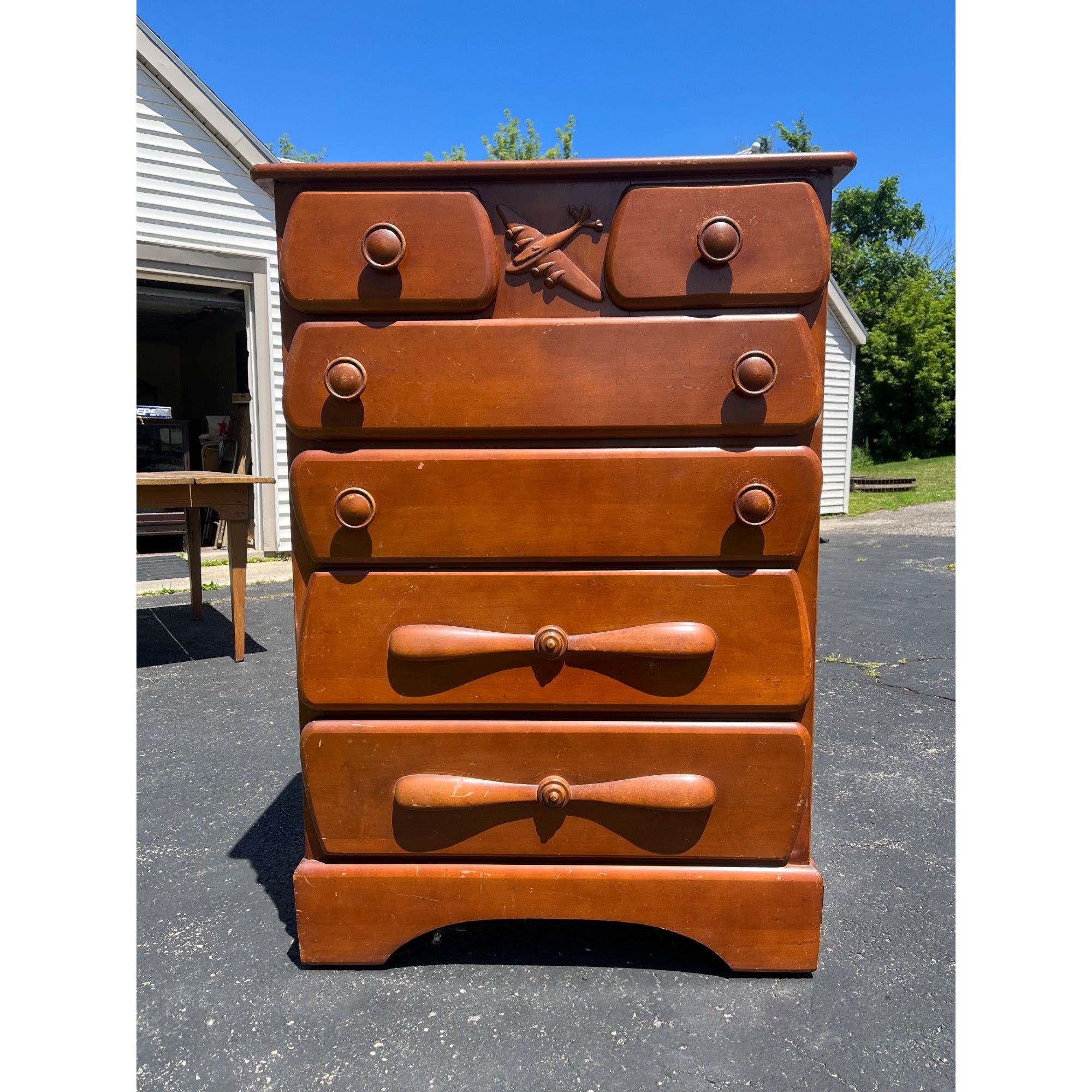 Vintage 1940s Maple Highboy Dresser Chest Of Drawers Relief WWII Bomber Plane Virginia House