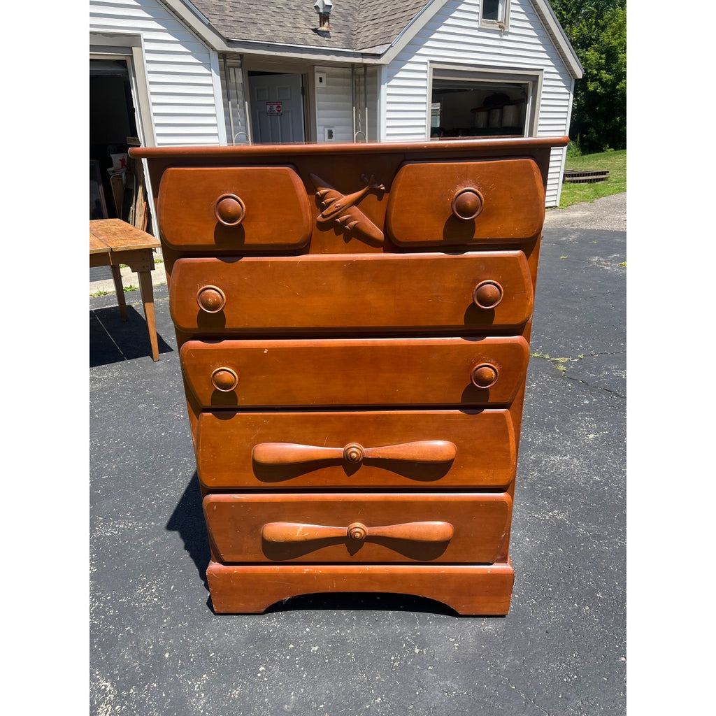 Vintage 1940s Maple Highboy Dresser Chest Of Drawers Relief WWII Bomber Plane Virginia House