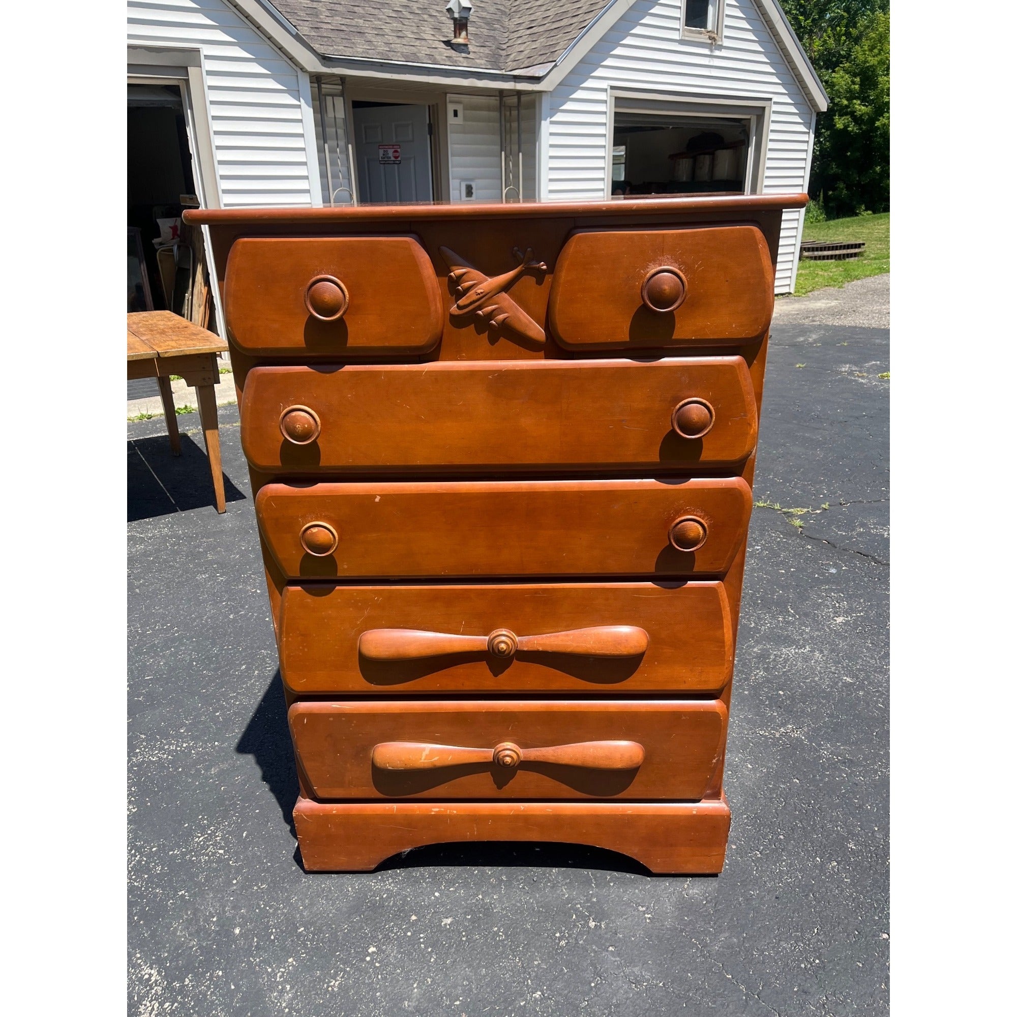 Vintage 1940s Maple Highboy Dresser Chest Of Drawers Relief WWII Bomber Plane Virginia House
