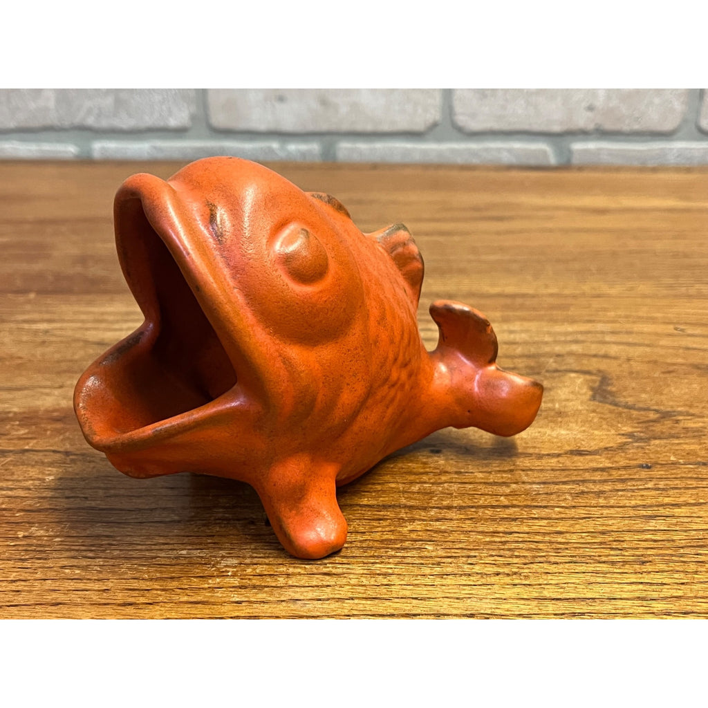 Vintage MCM 1960s Pottery Ceramic Fish Planter Orange Open Mouth