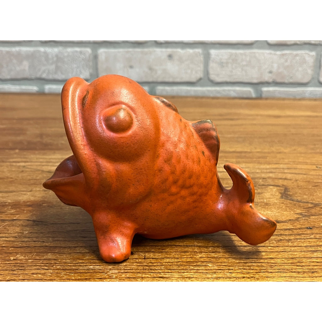 Vintage MCM 1960s Pottery Ceramic Fish Planter Orange Open Mouth
