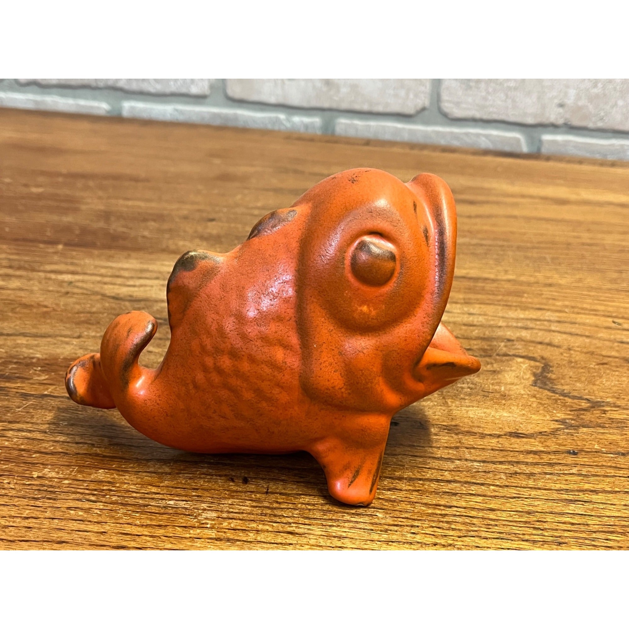 Vintage MCM 1960s Pottery Ceramic Fish Planter Orange Open Mouth