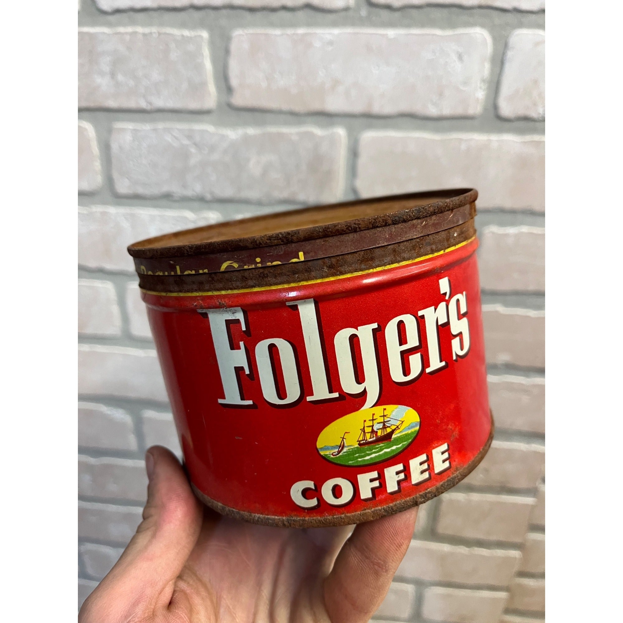 Vintage Folger's Coffee Tin Regular Grind Primitive Kitchen Decor Ship Logo 1952 J.A.F. & Co.